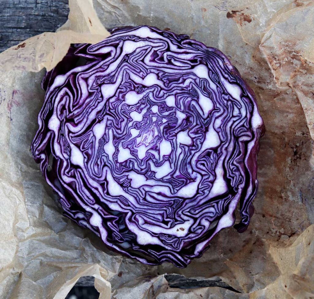 Red cabbage sliced in half on waxed paper.