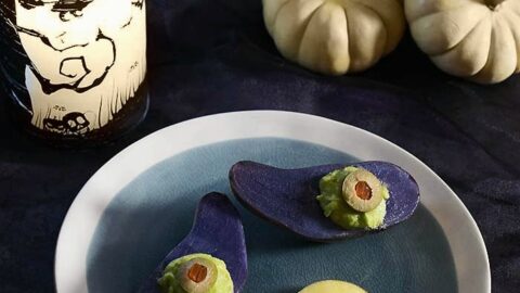 Spooky Purple Potato Eyes with Smoked Avocado Mousse