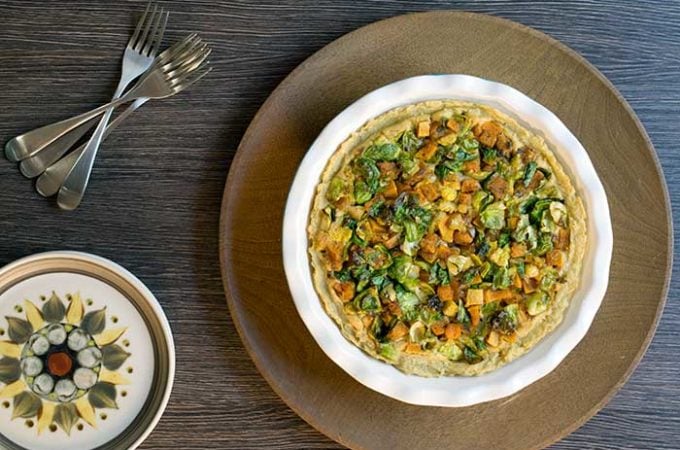 Mashed Potato Crusted Butternut Squash, Brussels Sprouts, and Tofu Pie