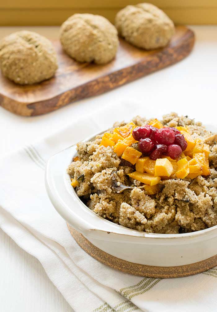 Gluten-free Vegan Teff Stuffing with Roasted Butternut Squash and Candied Cranberries