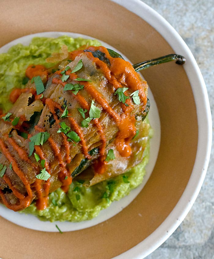 Vegan Potato-Stuffed Chiles Rellenos from Smashed Mashed Boiled and Baked