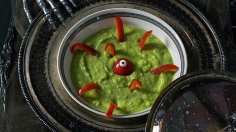 Green Potato Soup with red pepper monster
