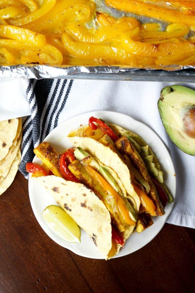 vegan sheetpan tofu fajitas