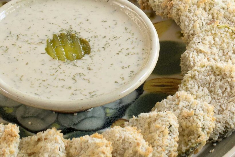 ranch dressing surrounded by air fried pickles
